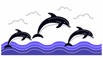 Naklejka premium Three dolphins jumping out of the water with clouds in the background in a simple line drawing