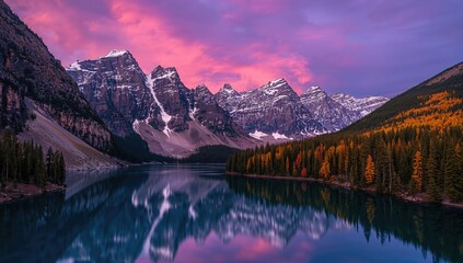 Vibrant twilight sky casts reflections on a tranquil lake, surrounded by colorful autumn leaves and dense evergreen trees, seasonal change