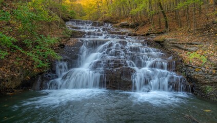 Obraz premium Water cascading over rocks in lush greenery, seasonal change