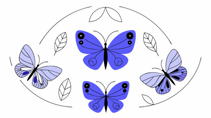 Illustration of three butterflies and leaves arranged in a semicircular pattern design element