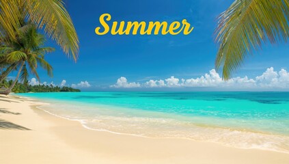Obraz premium Scenic vista of a coastal shoreline with sunlit sands and swaying palm fronds, ideal for seasonal promotions