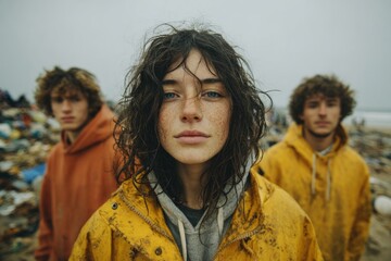 Young woman in yellow raincoat with friends standing on a beach filled with plastic waste