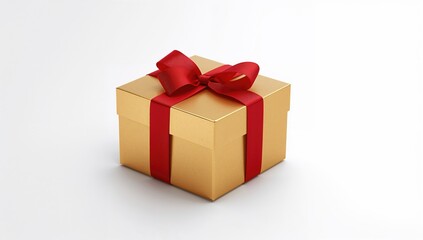 Gold gift box adorned with a red ribbon on a white surface, an ideal choice for festive gifting