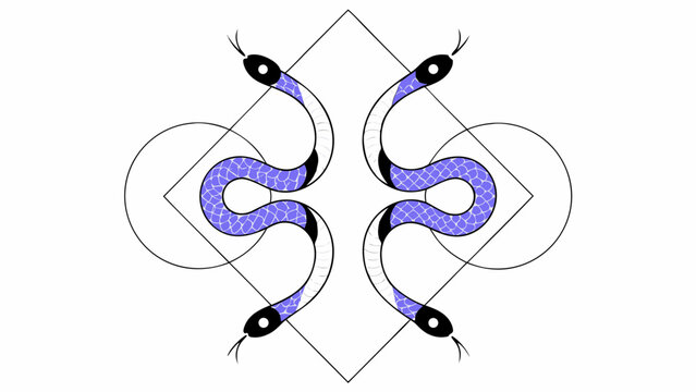 Symmetrical arrangement of four snakes with purple scales inside a diamond and circular design