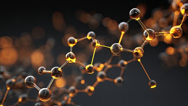 Close-up view of a glowing molecular structure with spheres connected by thin lines, dark background