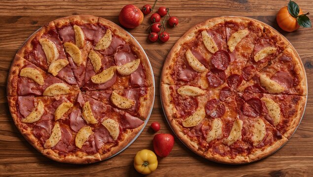 Hawaiian and Pepperoni pizzas on wooden surface, fiber-dense choice