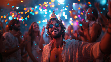 Vibrant celebration of joy and camaraderie at a lively night party filled with colorful lights and laughter ai, party, celebration, joy, lights, night, dancing, friends, laughter, music, happiness, fe