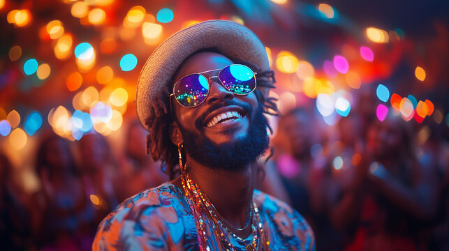 Smiling man enjoying vibrant festivities with colorful lights in a lively atmosphere at night ai, celebration, nightlife, joy, crowd, colorful, lights, festival, man, smiling, sunglasses, atmosphere, 
