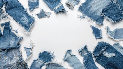 Torn denim fabric pieces on a white surface, recycling old jeans material