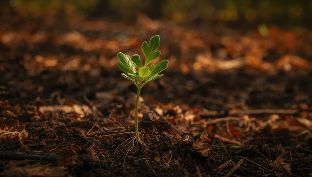 Oak seedling's vibrant green leaves juxtaposed against the earthy brown of forest floor foliage, seasonal change
