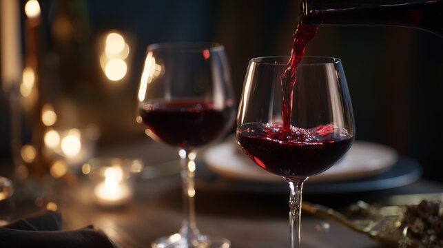 Elegant wine glasses with red wine during pouring in a fine dining setting. bar promotions, beverage menus, designed for product packaging and bar promotions, elevates brand perception.