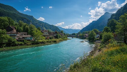 River with blue water flowing through the Alps, preservation