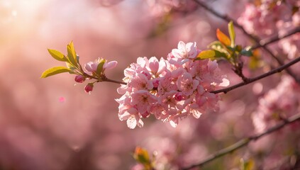 Obraz premium Spring blossoms, tree adorned with pink flowers against a soft-focus backdrop, seasonal change