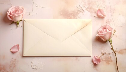 Elegant Cream Colored Envelope Adorned With Delicate Pink Roses And Scattered Glitter On A Textured Rose Gold Background
