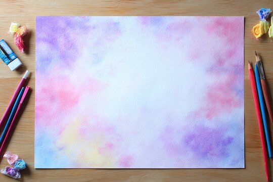 Pastel watercolor painted paper with art supplies like pencils and erasers arranged on wood