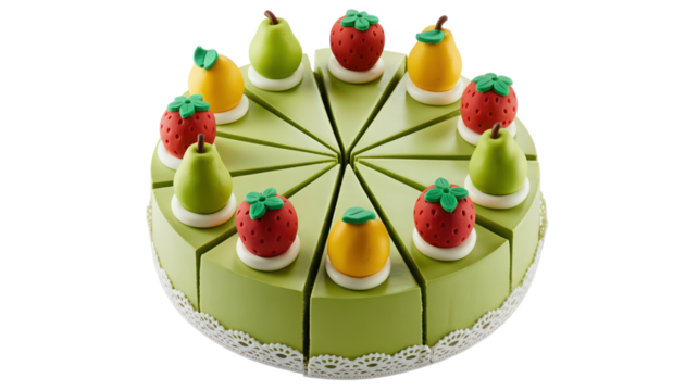 Delicious Green Cake Decorated with Artificial Pears Strawberries Sweet Treat for Birthday Holiday Celebration Fresh Looking Food Photography Studio Shot - Powered by Adobe
