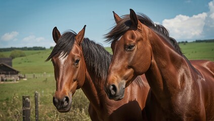 Obraz premium Two horses in a rural setting, emphasizing livestock farming practices
