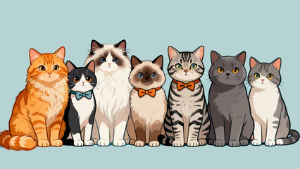 A collection of various cute cats, with cartoon hand-drawn vector illustrations