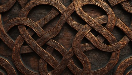 Intricate wooden carving featuring a repeating Celtic knot pattern with intertwined lines