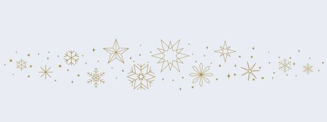 Golden winter border with snowflakes and star ornaments, elegant festive divider for Christmas and New Year holiday design, decorative seasonal line illustration