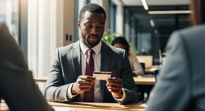 African businessman in gray suit holding credit card, looking down. Representative of financial service, transaction, or cashless payment concept