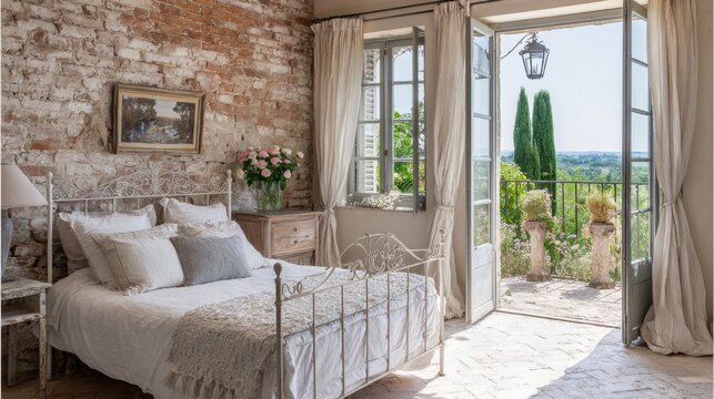 maximalist provencal bedroom, weathered brick wall, white wrought iron bed, lace curtains, balcony doors open to countryside view