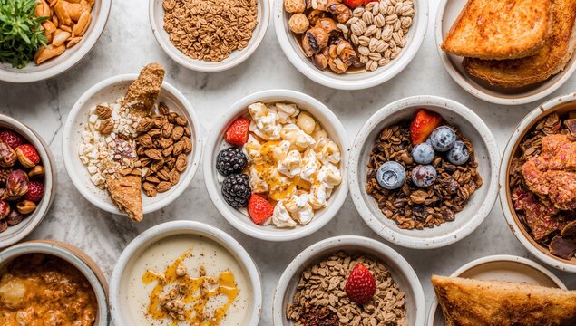 Variety of breakfast foods featuring nuts and granola in small bowls, fiber-dense choice