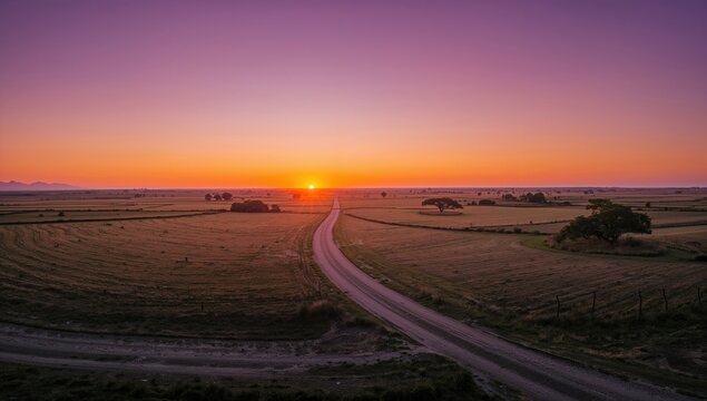 Beautiful sunset over a field, warm glow on the horizon, seasonal change