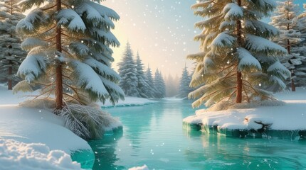  Snow-laden evergreen trees with frosty branches and delicate snowflakes clinging to their needles stand tall by the edge of icy crystal clear turquoise waters, soft and serene white flakes falling ge