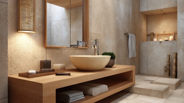 modern rustic eclectic bathroom full view, clay textured walls, stone floor, wooden vanity, ceramic bowl sink, built in niche with warm light, bamboo details