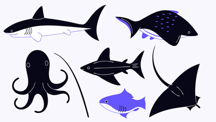 Illustration of various sea creatures including sharks, fish, an octopus, and a stingray in black and blue