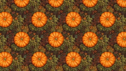 Seamless vector pattern featuring orange pumpkins, autumn flowers and foliage, suitable for editorial header background