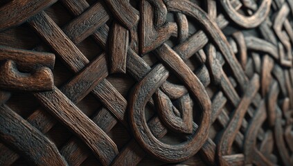 Intricate close-up of interwoven wooden Celtic knot design with textured, dark brown finish