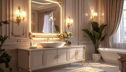 Elegant White and Gold Bathroom with Ornate Mirror and Bathtub Bathed in Soft Natural Light Creating a Luxurious and Serene Atmosphere
