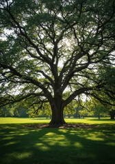 Fototapeta premium A magnificent mature oak tree stands tall in a public grassy field, its expansive canopy providing deep shade and natural beauty on a bright, sunny day, field, healthy, daytime