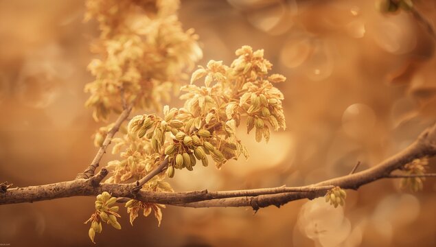 Softly blurred maple branch with warm sepia tones, featuring samara seeds, seasonal change