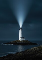 Obraz premium A remote, solitary lighthouse standing tall on a rugged, small island in the vast ocean under a dramatic sky and bright beam ,landscape ,safety ,maritime