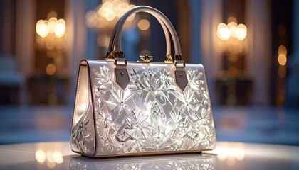 Elegant White Handbag With Intricate Silver Floral Pattern And Gold Accents Resting On A Reflective Surface With Softly Blurred Warm Lights In The Background
