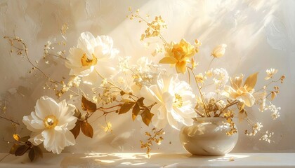Elegant White and Gold Floral Arrangement in a White Vase Illuminated by Soft Sunlight with Sparkling Accents
