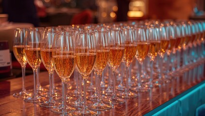 Champagne flutes filled with sparkling wine on a bar counter. Event catering for birthdays, baptisms, weddings, or corporate gatherings.
