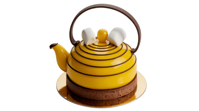 Delicious Yellow Teapot Cake Garnished with Marshmallows and Chocolate Handle Featuring a Smooth Glaze Placed on Golden Plate Against Checkered Background Offering Unique Confectionery Experience