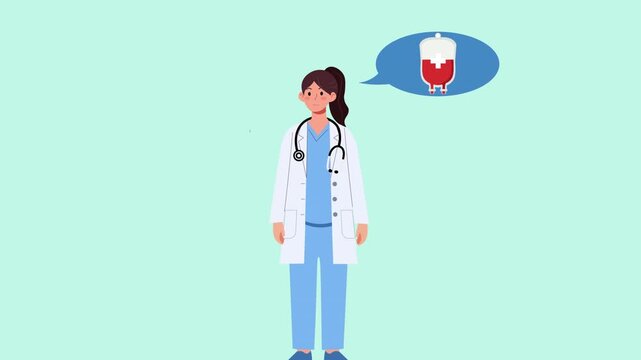 Female Doctor Character Explaining Blood Donation and Transfusion Concepts.