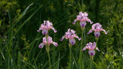 Fototapeta premium Wild iris flowers flourishing amidst lush greenery, seasonal change