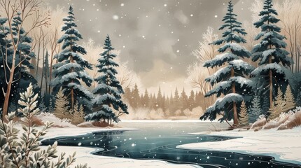  Snowy trees with dense evergreen foliage and frosty branches surround a frozen lake with intricate ice patterns and subtle snow-covered ridges, as delicate flakes fall gently from a soft gray sky,