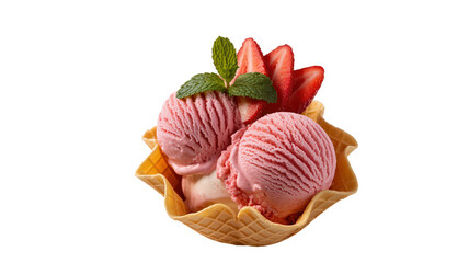 Delightful Strawberry Ice Cream in Waffle Cone Bowl Isolated on Transparent Background Creamy Sweet Frozen Dessert Topped Fresh Cut Strawberries Mint Leaves Summer Cold Treat