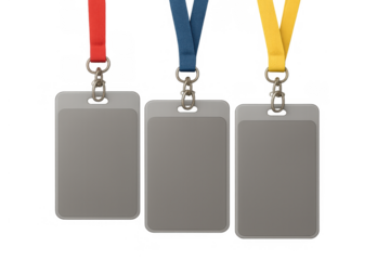 Three blank vertical id cards with red, blue, and yellow lanyards, offering a mockup for corporate branding and security