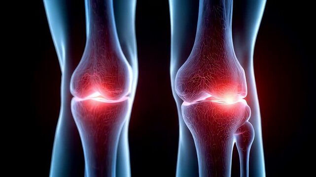 Human Knee Joints with Glowing Red Pain Areas in Transparent Blue X-Ray View on Black Background