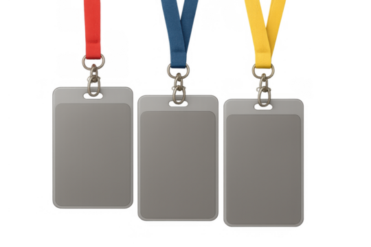 Three blank vertical id cards with red, blue, and yellow lanyards, offering a mockup for corporate branding and security