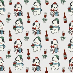 Cute Christmas Puppy Seamless Pattern — Wine Bottle and Champagne Glass Funny Holiday Design

