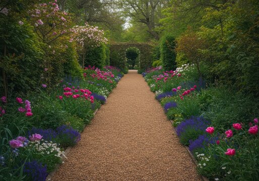 Charming gravel pathway bordered by fragrant, blooming spring flowers leading visitors deeper into the lush, romantic English garden setting ,cottage ,romantic ,crushed stone